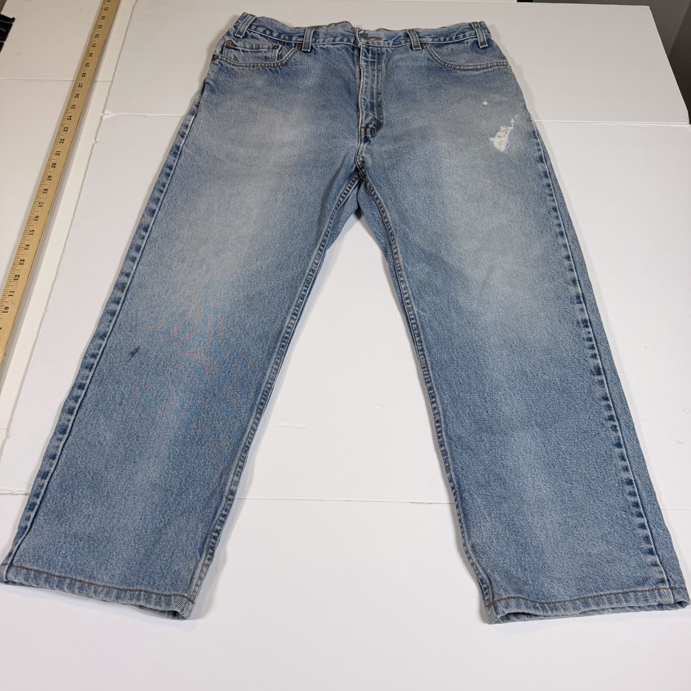 Levi's 505 Jeans Mens 36x30 Blue Denim Faded Distressed Regular Fit Straight Leg